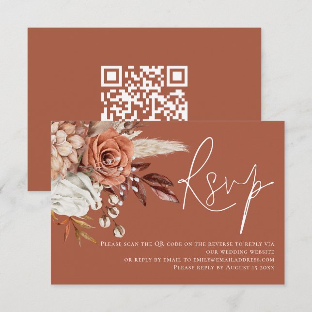 Boho Terracotta florals QR Code Wedding RSVP Karte (Vorne/Hinten)