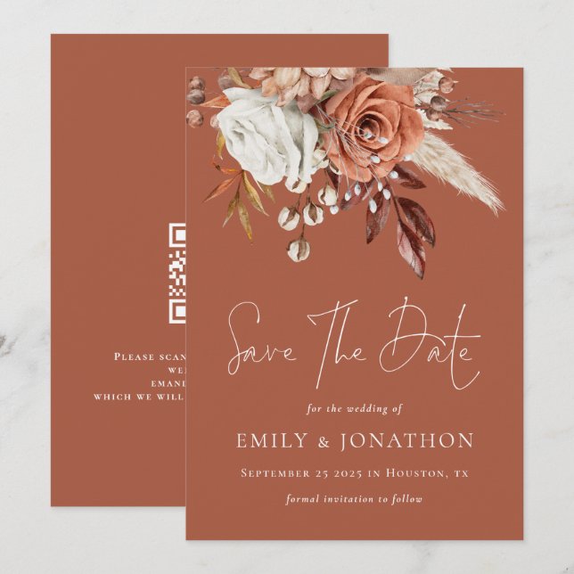 Boho Terracotta Florals QR Code Wedding Rust Save The Date (Vorne/Hinten)