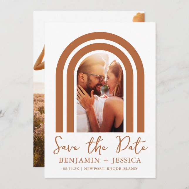 Boho Terracotta Foto Arch Wedding Save the Date (Vorne/Hinten)