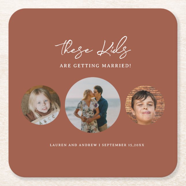 Boho Terracotta Kids Foto Hochzeit retten das Datu Rechteckiger Pappuntersetzer (Vorderseite)