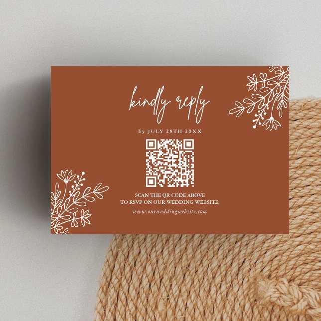 Boho Terracotta Kindly Antwort Hochzeit QR Code (Boho terracotta QR code RSVP card makes replies easy while adding warm rustic charm.)