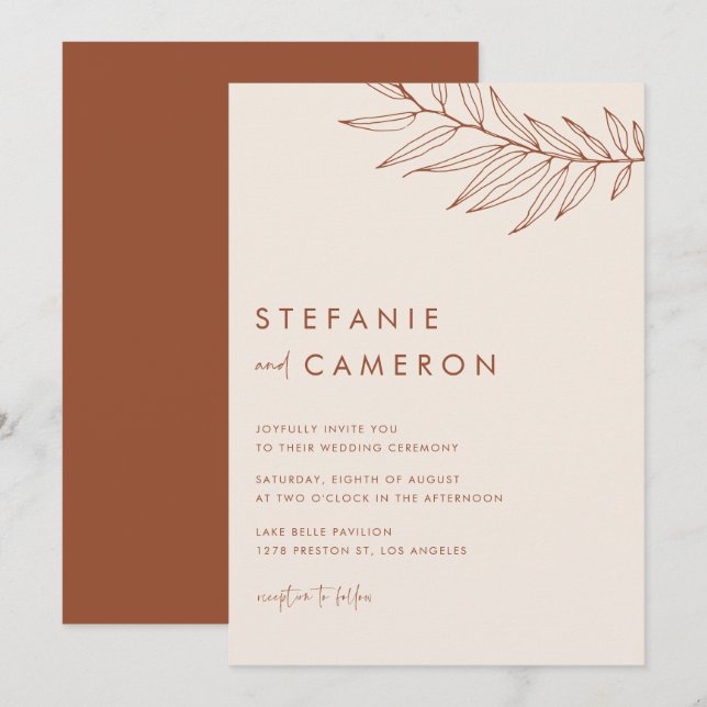 Boho Terracotta Minimalistisch Foliage Wedding Einladung (Vorne/Hinten)
