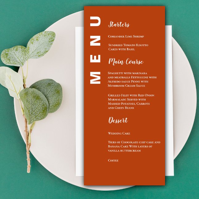 Boho Terracotta Minimalistische Speisekarte Menükarte (Elegant Minimalist Terracotta Wedding Party Menu)