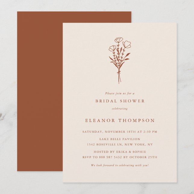 Boho Terracotta Minimalistisches florales Brautpar Einladung (Vorne/Hinten)
