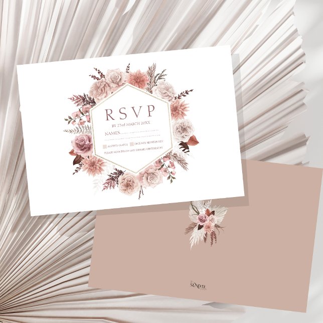 Boho Terracotta Neutral Floral Wreath Wedding RSVP Karte (Boho Dusty Pink Dried Flowers Wreath Wedding RSVP Card)