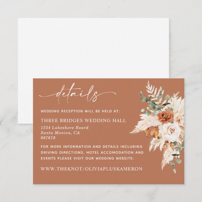 Boho Terracotta Pampas Détails du Mariage Carte LE (Devant / Derrière)