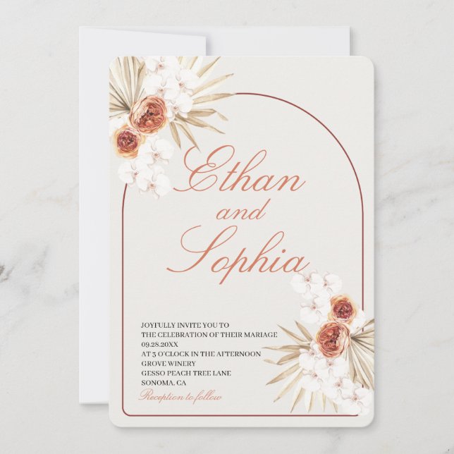 Boho Terracotta Pampas Faire-part de mariage d'her (Devant)
