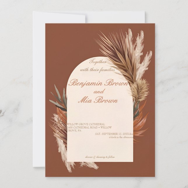 Boho Terracotta Pampas Faire-part de mariage d'her (Devant)