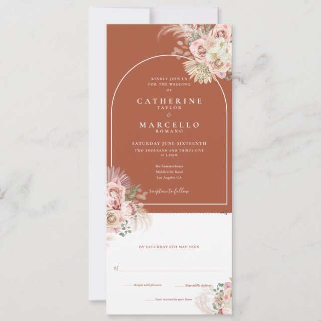 Boho Terracotta Pampas Grass auf einer Hochzeit Einladung (Vorderseite)