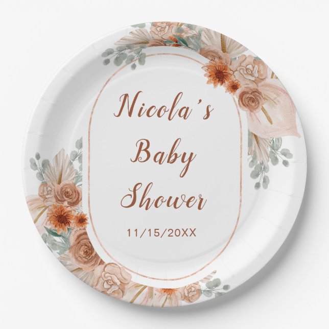 Boho Terracotta Pampas Grass Baby Dusche Pappteller (Vorderseite)