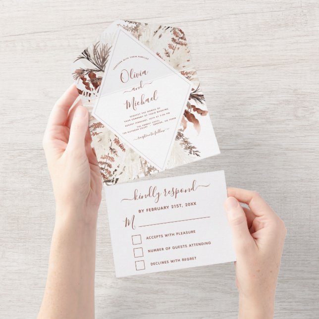 Boho Terracotta Pampas Grass Beige Wedding All In One Einladung (Abreißen)