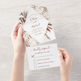 Boho Terracotta Pampas Grass Beige Wedding All In One Einladung