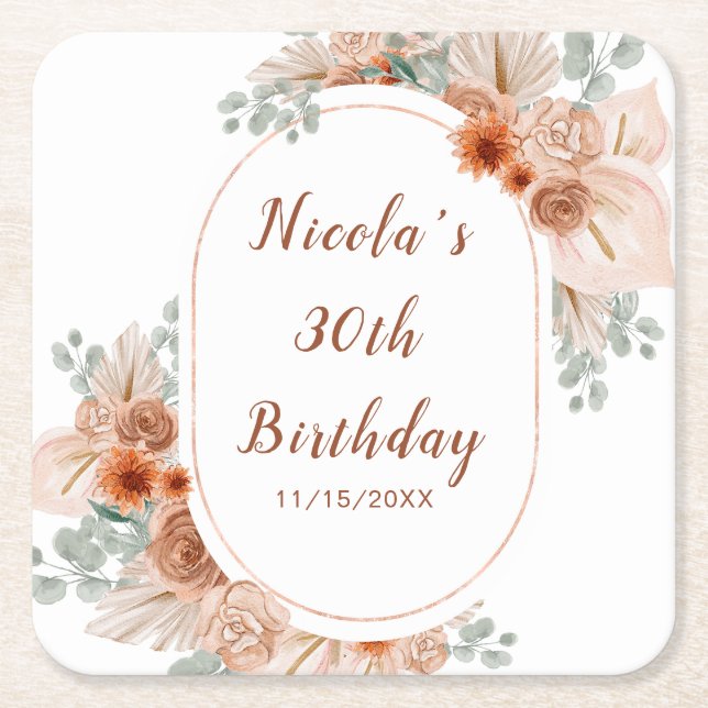 Boho Terracotta Pampas Grass Birthday Rechteckiger Pappuntersetzer (Vorderseite)