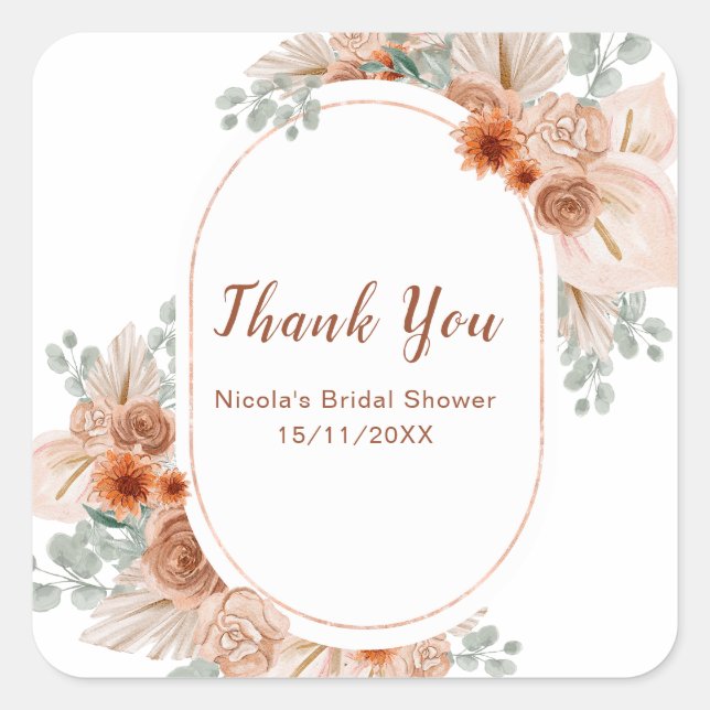 Boho Terracotta Pampas Grass Bridal Shower Quadratischer Aufkleber (Vorderseite)