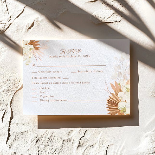 Boho Terracotta Pampas Grass Floral Wedding RSVP  Karte (Boho Terracotta Pampas Grass Floral Wedding RSVP on a sunny rustic stone table.)