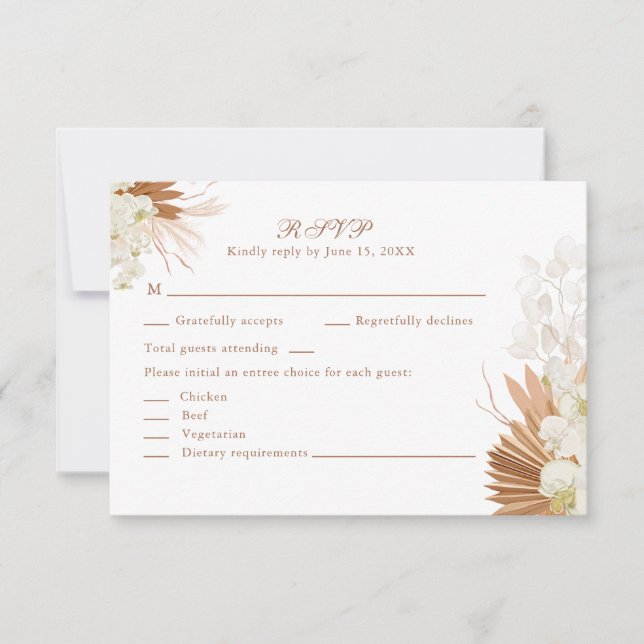 Boho Terracotta Pampas Grass Orchid Wedding RSVP   Karte (Vorderseite)