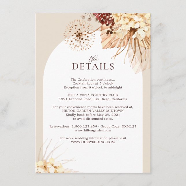 Boho Terracotta Pampas Grass Wedding Detail Cards Begleitkarte (Vorderseite)