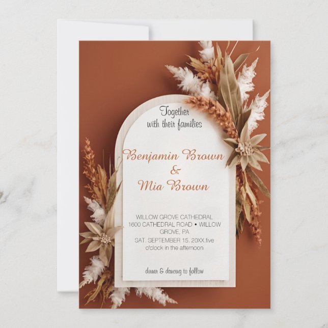Boho Terracotta Pampas Grass Wedding Einladung (Vorderseite)
