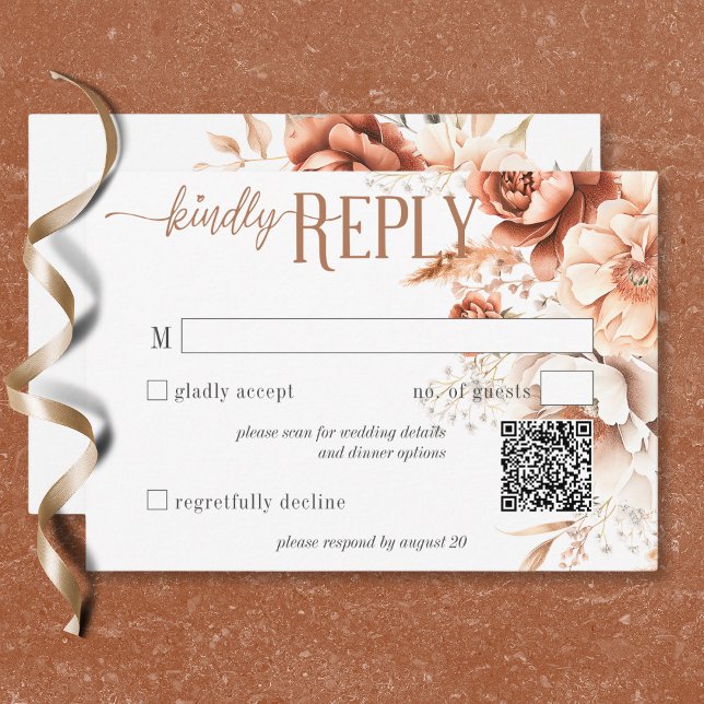 Boho Terracotta Peach & Cream Floral QR Code RSVP Karte (Boho Terracotta Peach & Cream Floral QR Code RSVP Card)