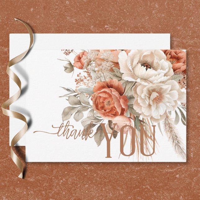 Boho Terracotta Peach & Cream Floral White Wedding Dankeskarte (Boho Terracotta Peach & Cream Floral White Wedding Thank You Card)