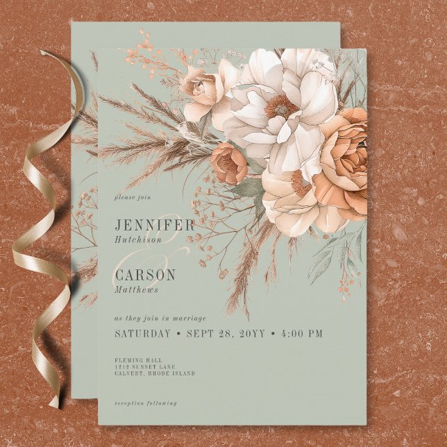 Boho Terracotta Peach & Cream Grüne Hochzeit Einladung (Boho Terracotta Peach & Cream Floral Green Wedding Invitation)