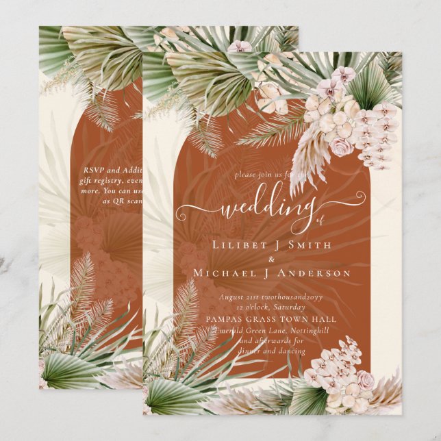 BOHO Terracotta Peach Pampas Grass Wedding Einladung (Vorne/Hinten)