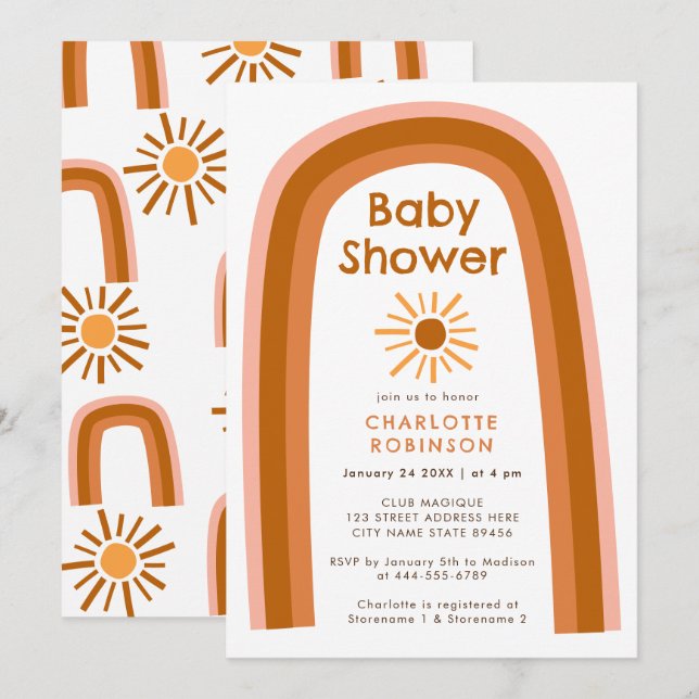 Boho Terracotta Rainbow Sun Babydusche Einladung (Vorne/Hinten)