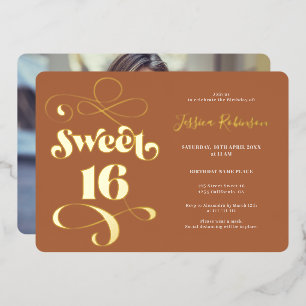 Boho terracotta Retro-Skript-Foto Sweet 16 Folieneinladung