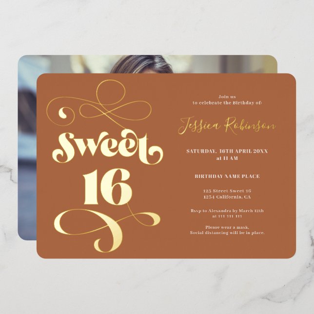 Boho terracotta Retro-Skript-Foto Sweet 16 Folieneinladung (Vorderseite/Rückseite)