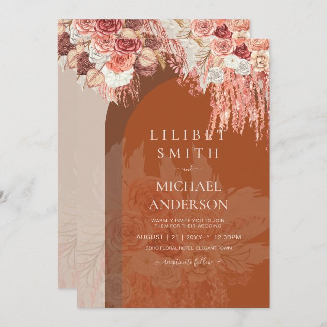 Boho Terracotta Rose Pampas Grass Floral Wedding (Vorne/Hinten)