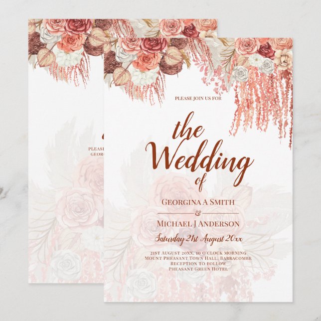 Boho Terracotta Rose Pampas Grass Floral Wedding Einladung (Vorne/Hinten)