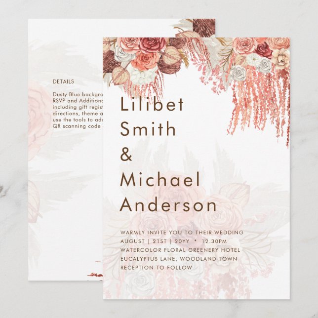 Boho Terracotta Rose Pampas Grass Floral Wedding Einladung (Vorne/Hinten)