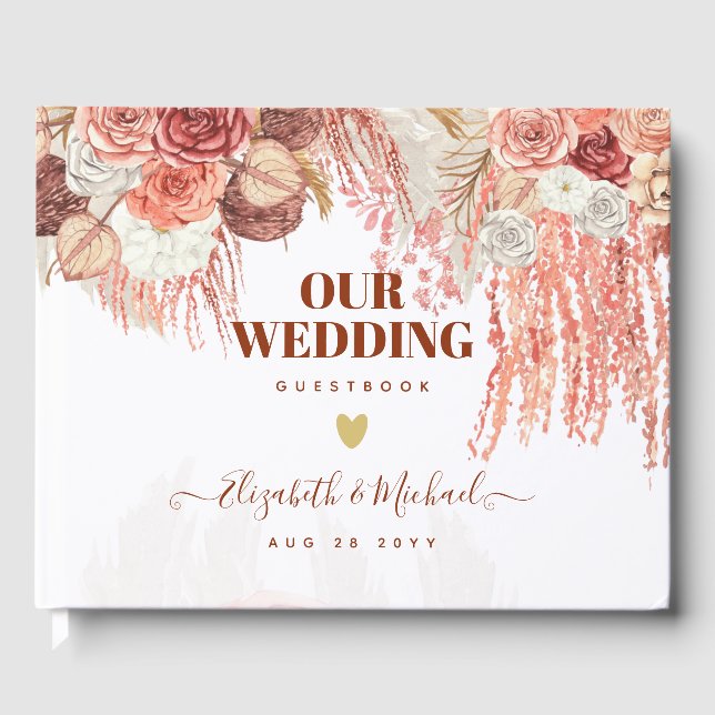 Boho Terracotta Rose Pampas Grass Floral Wedding Gästebuch (Vorderseite)