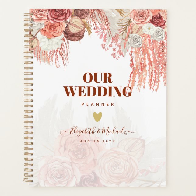 Boho Terracotta Rose Pampas Grass Floral Wedding Planer (Vorderseite)