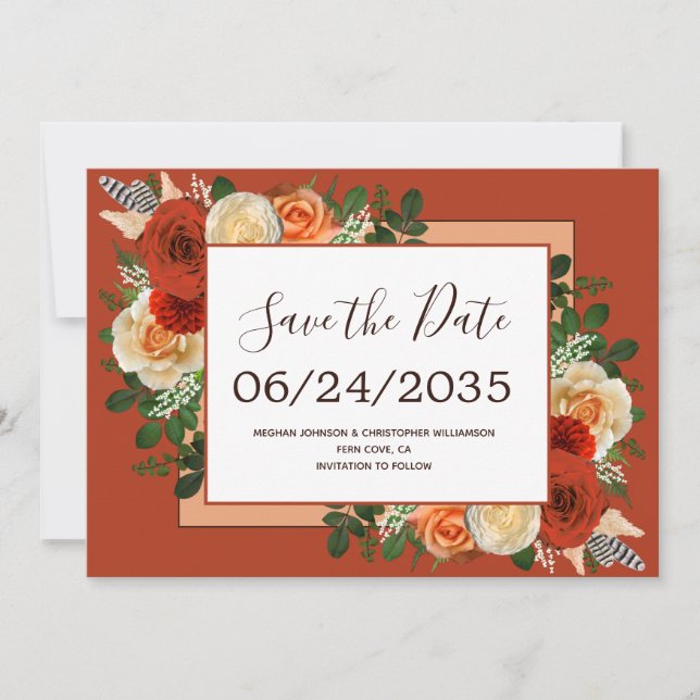 Boho Terracotta Rust Floral Pampas Grass Wedding Save The Date (Vorderseite)