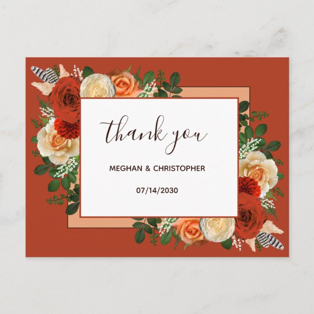 Boho Terracotta Rust Floral Wedding Thank You Postkarte (Vorderseite)