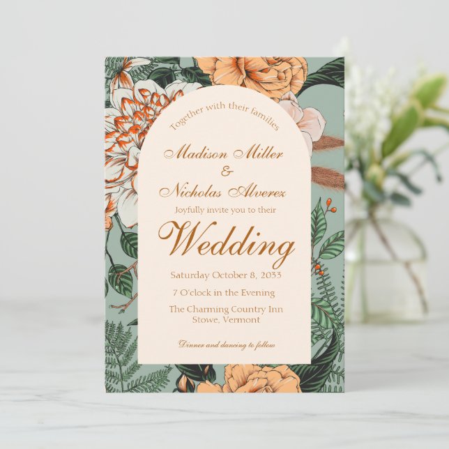Boho Terracotta Sage Floral Arch Monogram Wedding Einladung (Stehend Vorderseite)