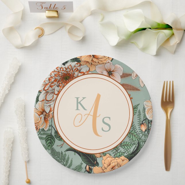 Boho Terracotta Sage Monogram Hochzeit im Herbst Pappteller (Hochzeit)