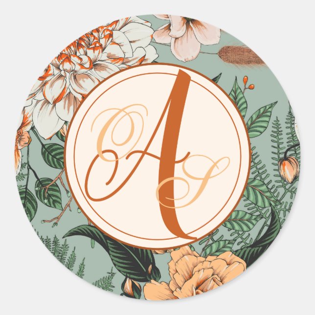 Boho Terracotta Sage Monogram Hochzeit im Herbst Runder Aufkleber (Vorderseite)