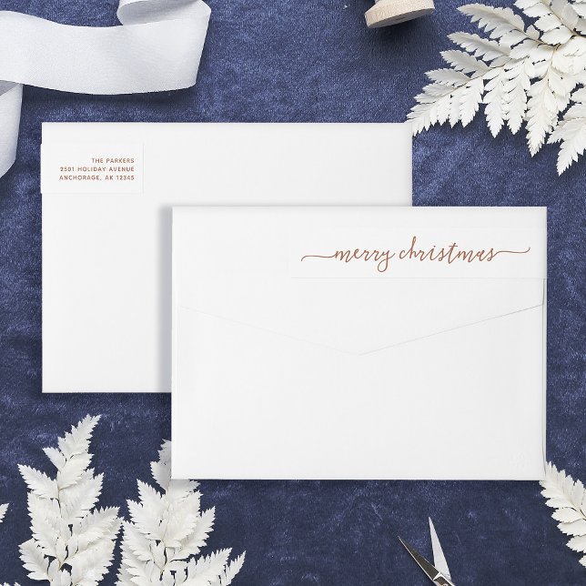 Boho Terracotta Script | Frohe Weihnachtsadresse (Stylish and elegant wrap-around return address labels for Christmas)