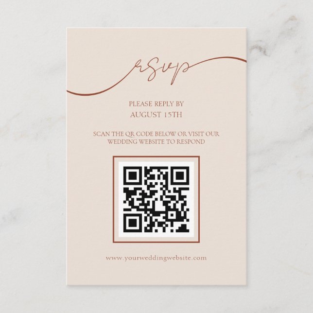 Boho Terracotta Script QR Code Wedding RSVP Card Begleitkarte (Vorderseite)
