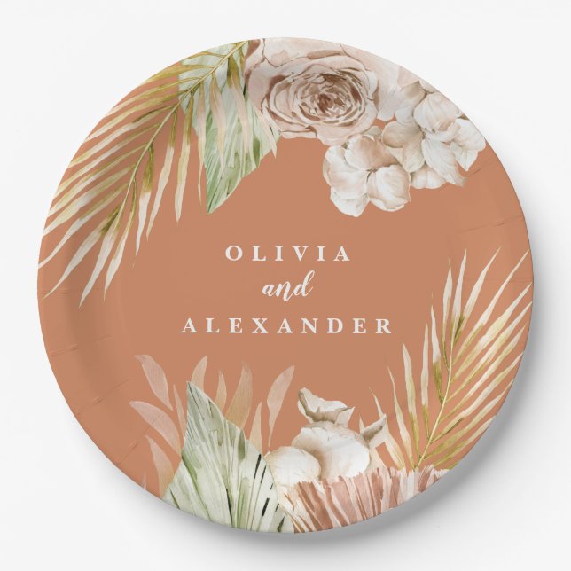 Boho Terracotta Tropical Floral und Palm Hochzeit Pappteller (Vorderseite)