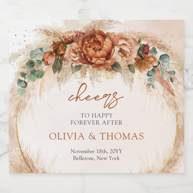 Boho Terracotta und bordeauxrote Blume Pampasgras (Einzelnes Label)