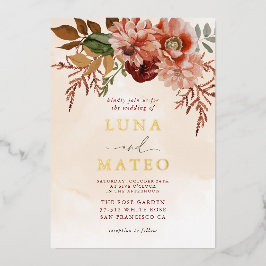 Boho Terracotta und Burgundy Fall Floral Wedding Folieneinladung
