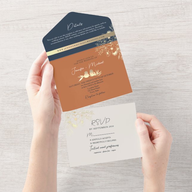 Boho Terracotta und Navy Blue Floral Wedding All In One Einladung (Abreißen)