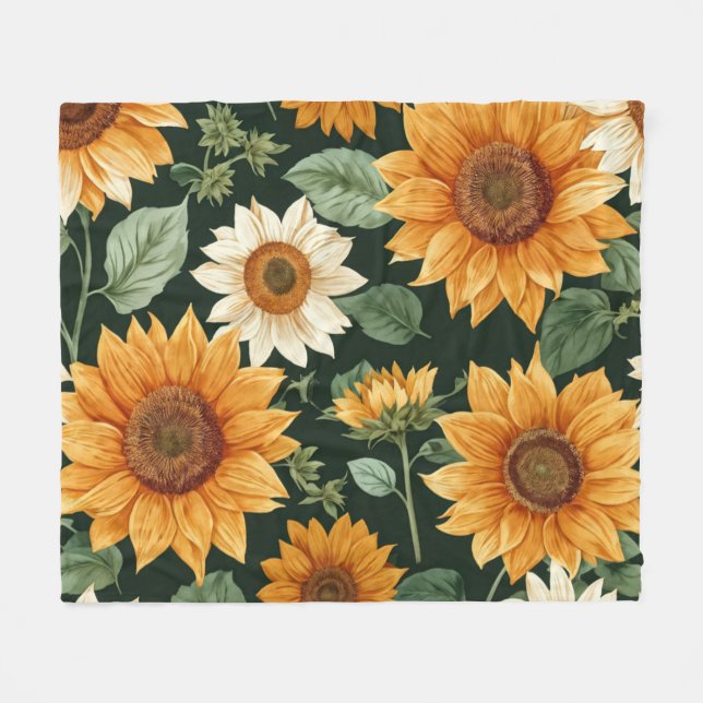 Boho Terracotta Vintag Sonnenblumenmuster Fleecedecke (Vorderseite (Horizontal))