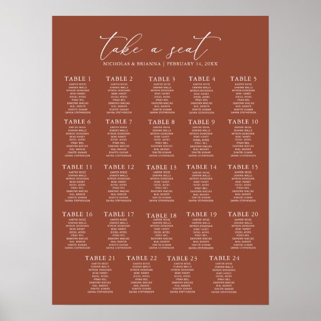 Boho Terracotta Wedding 24 Table Seating Chart Poster (Vorne)