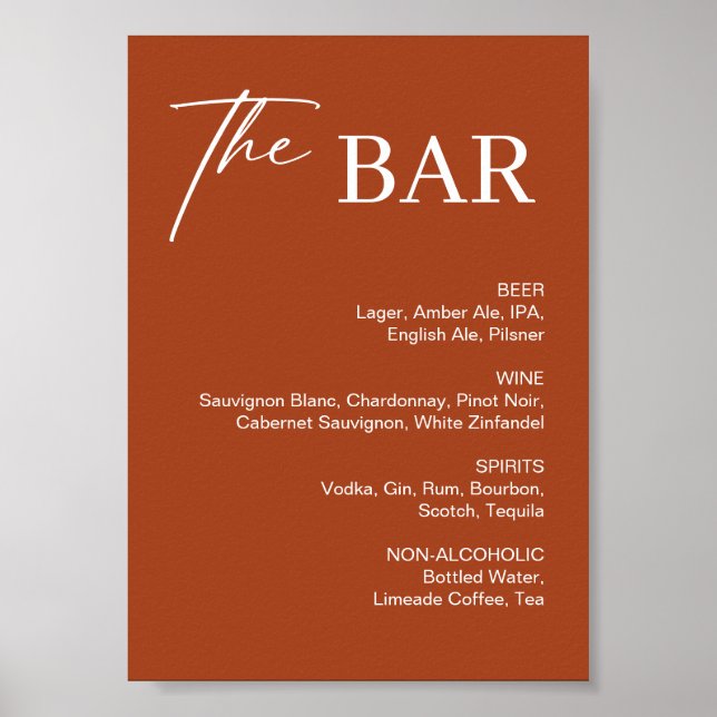 Boho Terracotta Wedding Bar Sign Poster (Vorne)