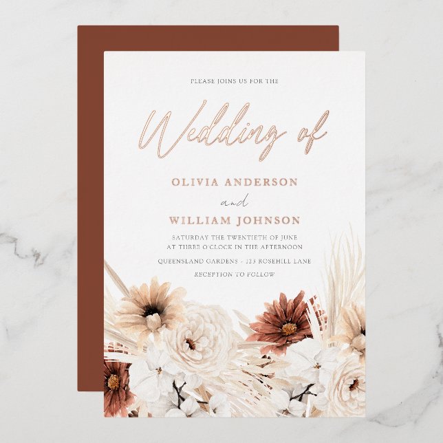 Boho Terracotta & White Floral Wedding Folieneinladung (Vorderseite/Rückseite)