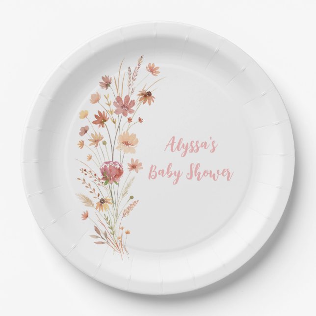 Boho Terracotta Wildblume Babydusche Pappteller (Vorderseite)